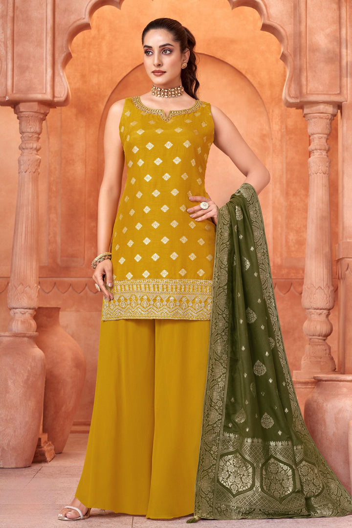 Yellow Banaras, Mirror, Zardozi, Sequins, Zari and Thread work Palazzo Salwar Suit