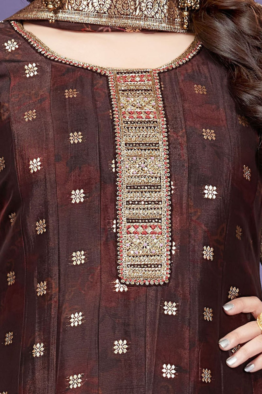 Coffee Brown Banaras, Zardozi and Sequins work with Digital Print Anarkali Style Salwar