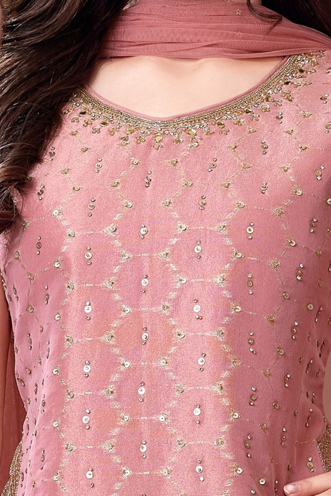 Peach Sequins, Zari, Zardozi and Beads work Palazzo Suit Set for Girls
