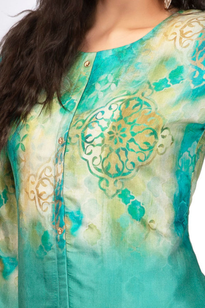 Aqua Green Digital Print Short Kurti