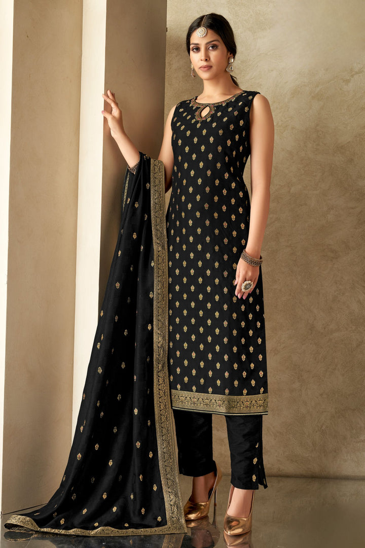 Black Banaras, Zardozi, Beads, Stone and Thread work Straight Cut Salwar Suit