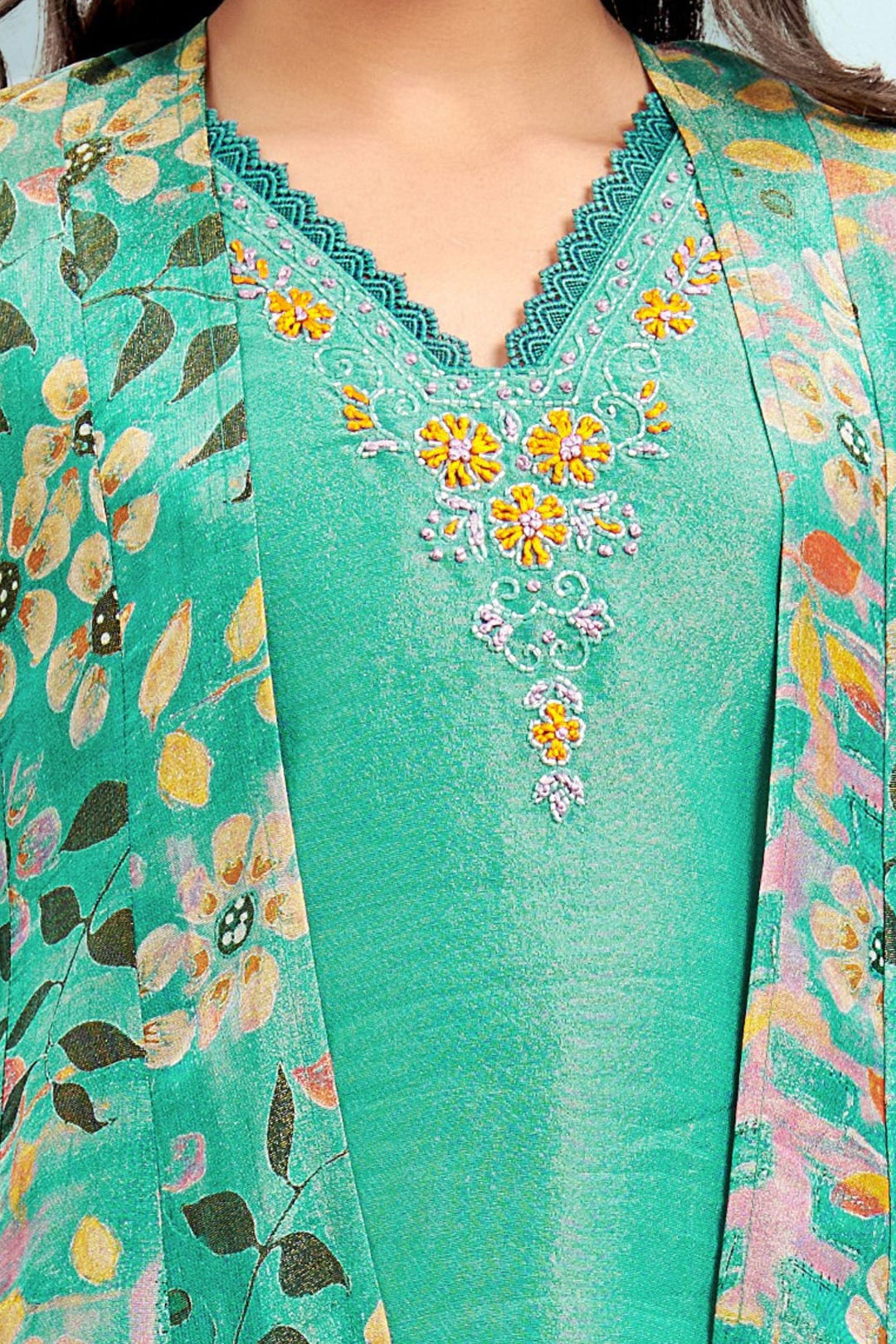 Rama Green  Zari Weaving with Digital Print Overcoat Salwar Suit for Girls