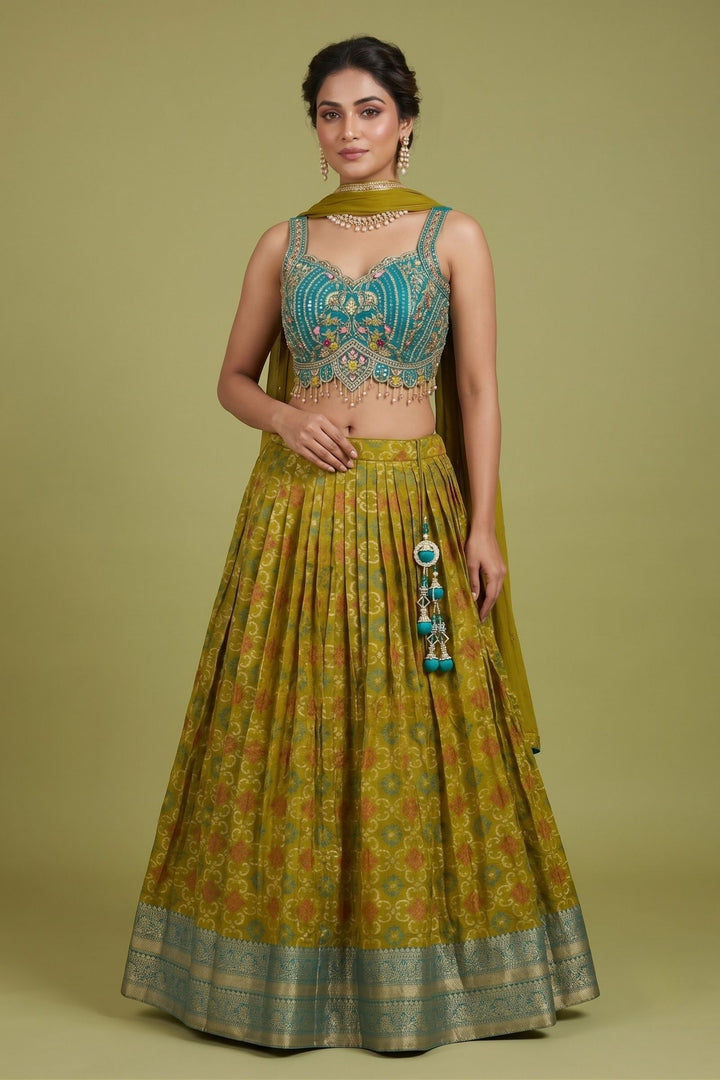 Rama Blue with Olive Green Mirror, Stone, Beads and Banaras work Lehenga