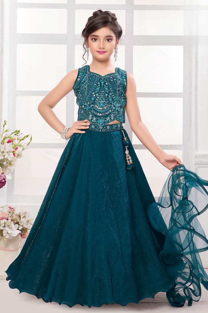 Rama Blue Mirror, Stone, Thread and Zari work Lehenga Choli for Girls