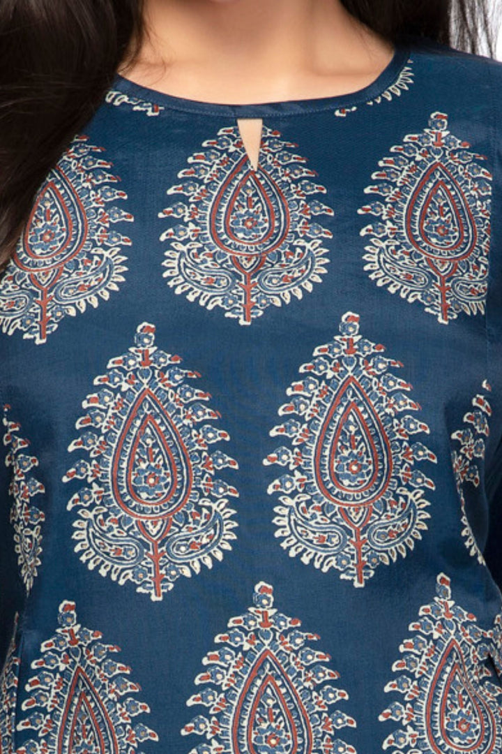 Teal Blue with Digital Print Short Kurti