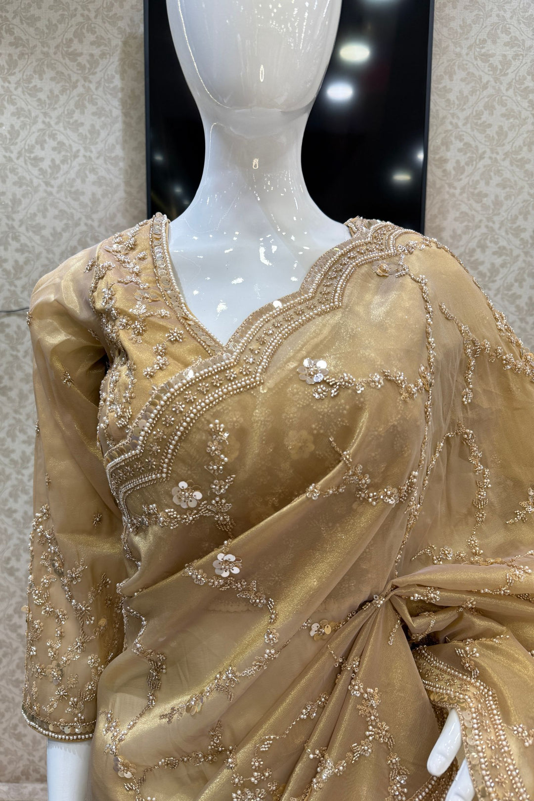 Gold Beads, Sequins, Peral and Zari work Saree
