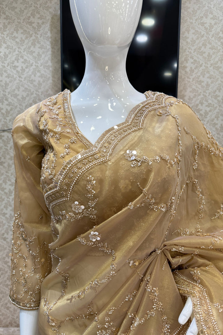 Gold Beads, Sequins, Peral and Zari work Saree