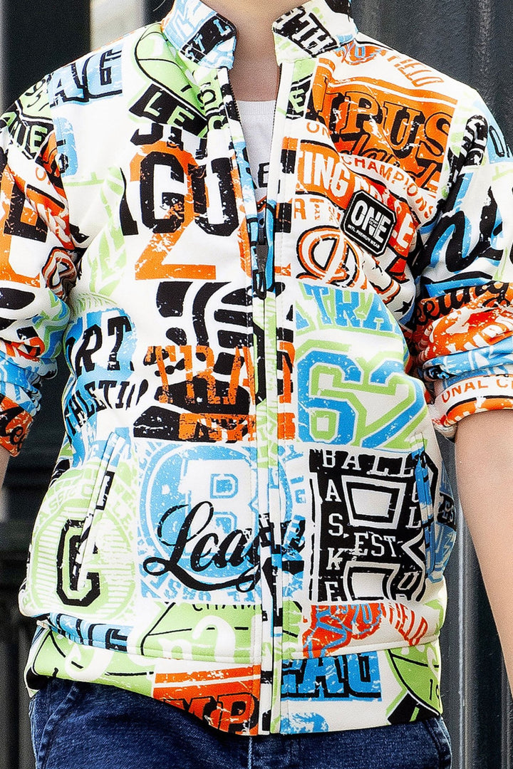 White with Multicolor Printed Blazer, T-Shirt and Blue Pant Set for Boys with Belt