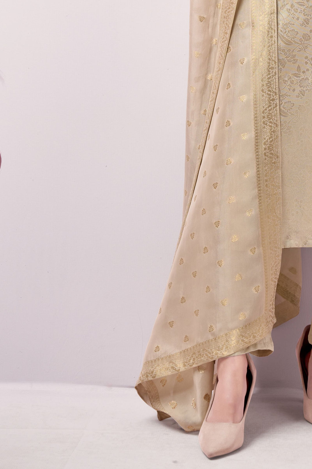 Cream Brocade, Kundan, Zardozi, Beads and Stone work Straight Cut Salwar Suit