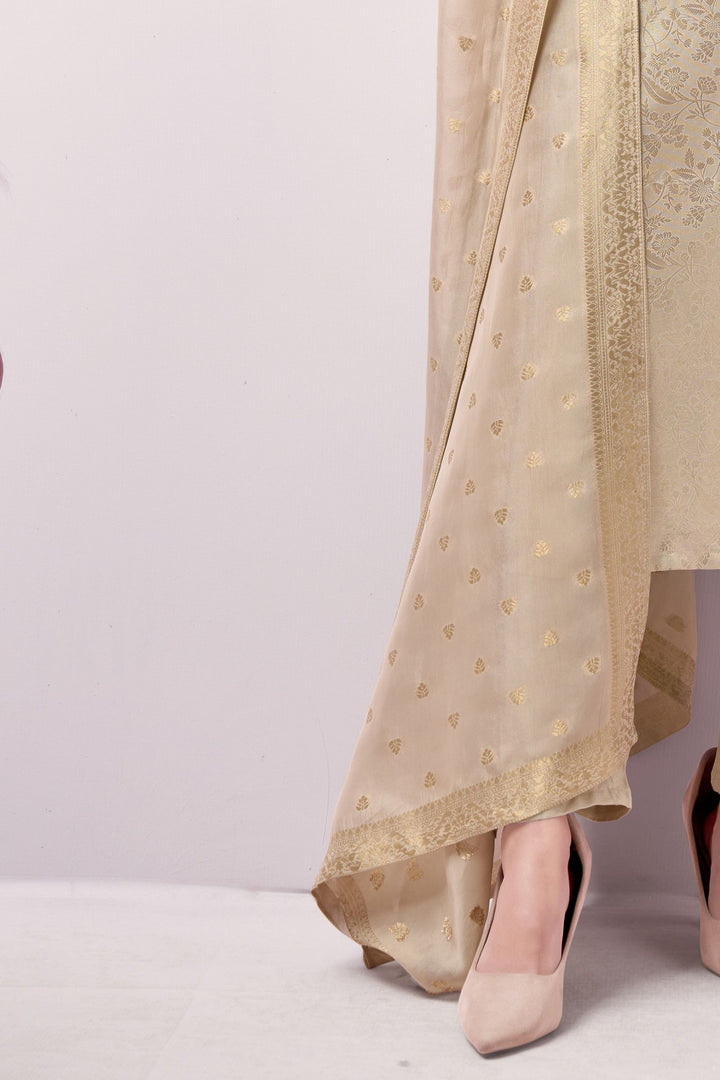 Cream Brocade, Kundan, Zardozi, Beads and Stone work Straight Cut Salwar Suit