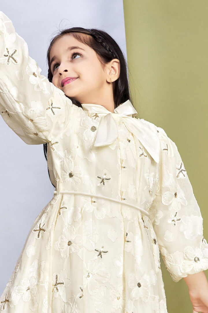 Cream Thread and Sequins work Short Frock For Girls