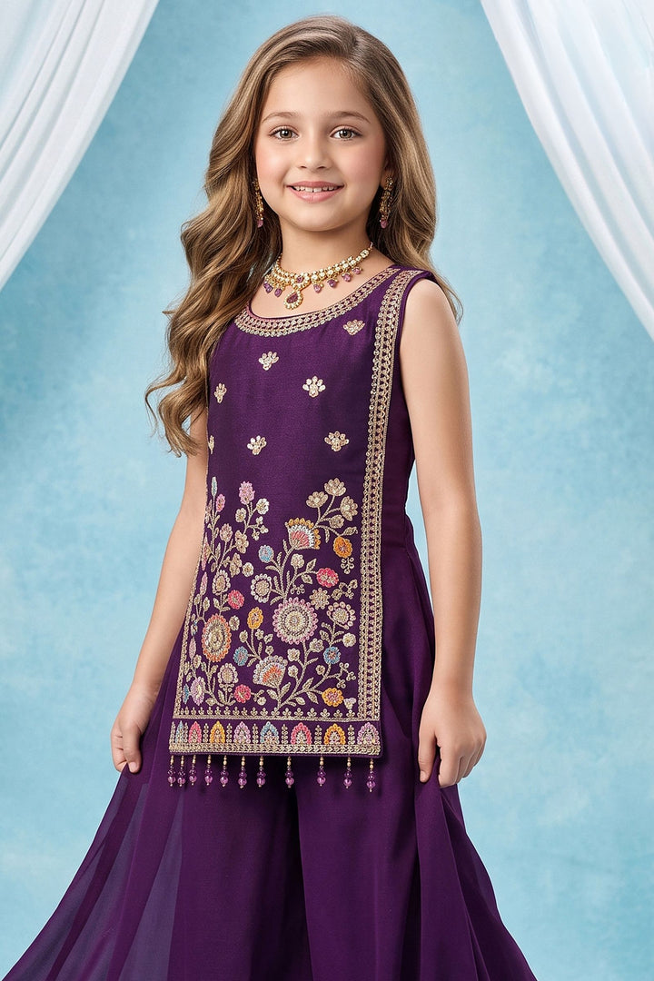 Wine Sequins, Embroidery and Beads work Palazzo Suit Set for Girls