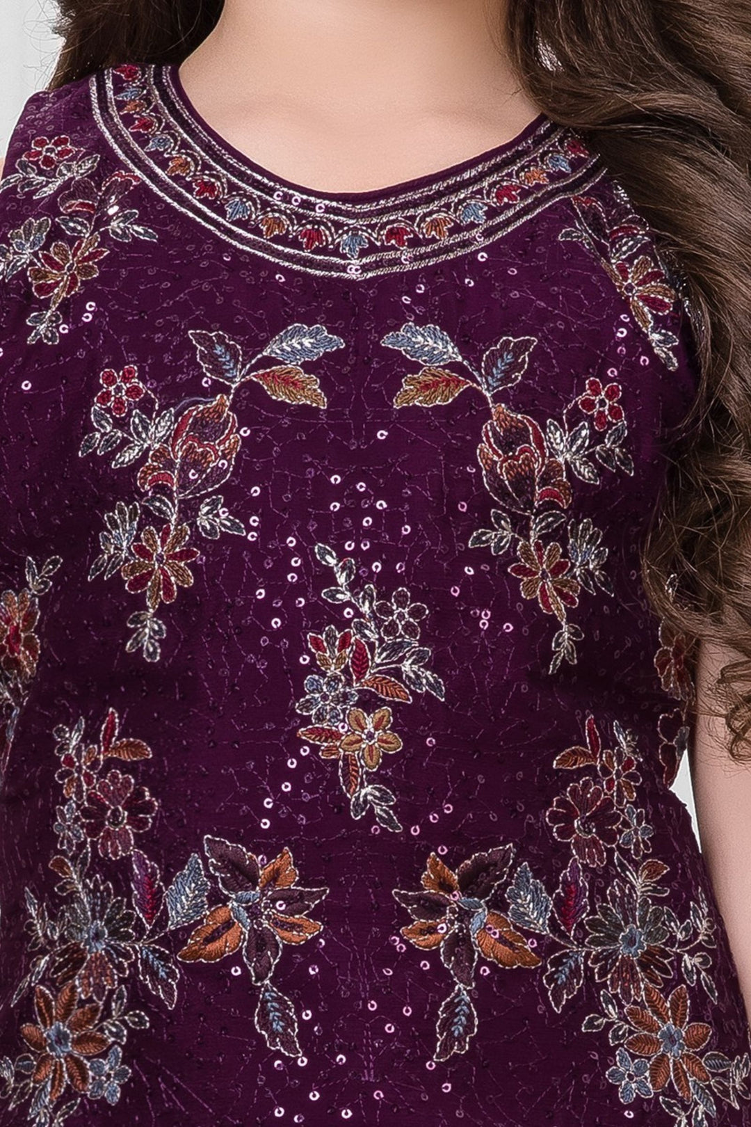 Wine Sequins and Multicolor Thread work Palazzo Suit Set for Girls