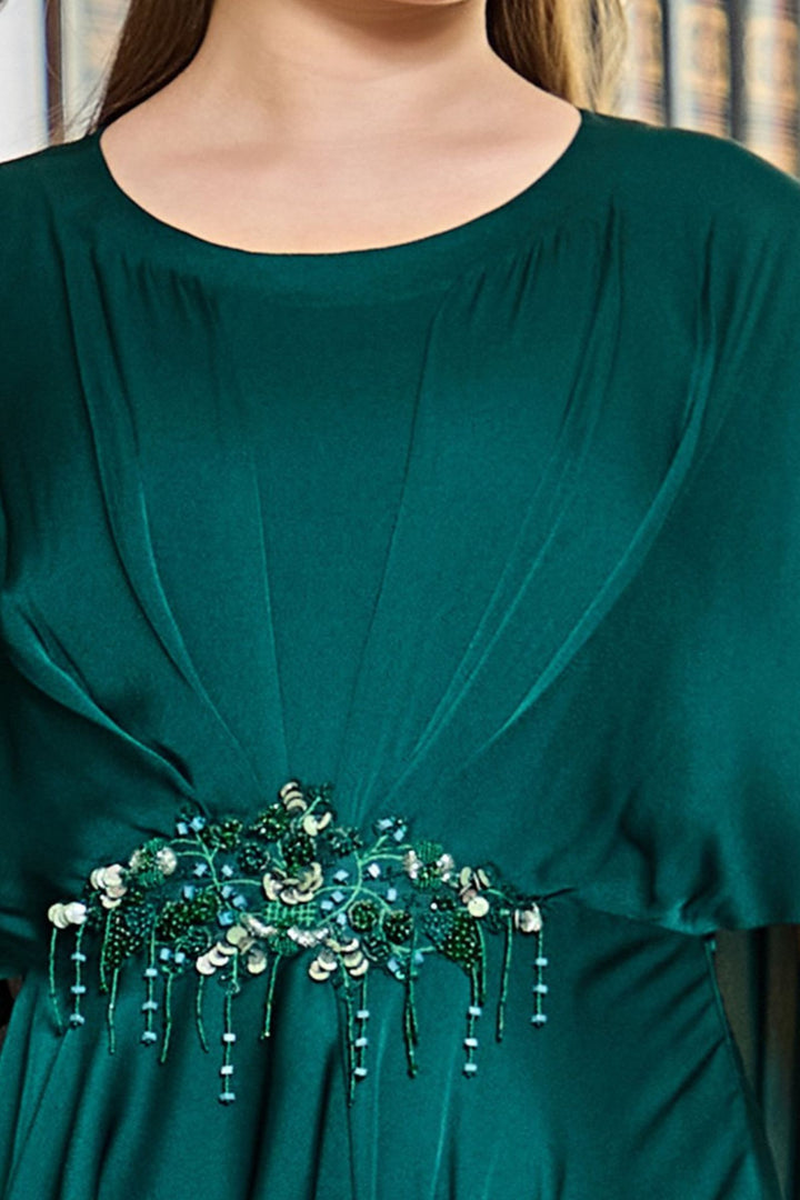 Bottle Green Beads, Thread and Sequins work Floor Length Kaftan Styled Anarkali Suit