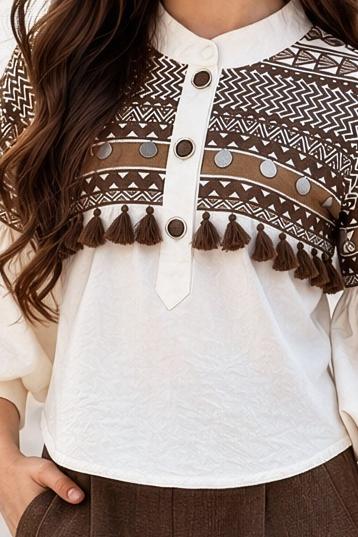 Half White with Brown Digital Print Top and Lace work Palazzo Set for Girls