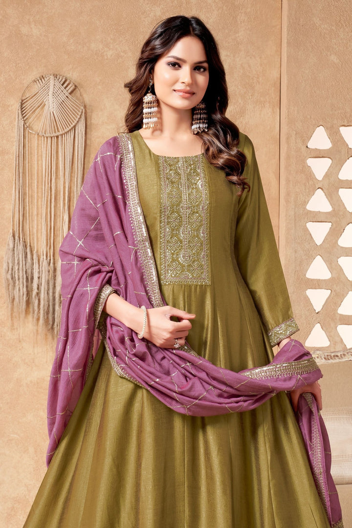 Mehendi Green Sequins, Beads and Zari work Anarkali Style Salwar