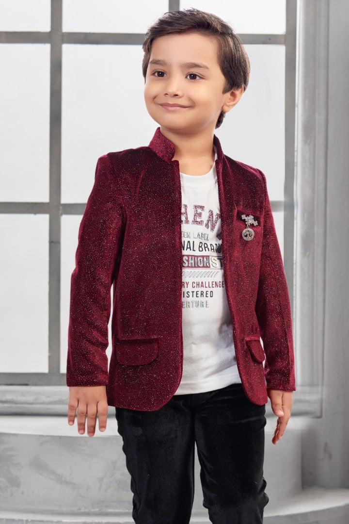 Maroon Boys Partywear Blazer Set with White T-Shirt and Black Pants
