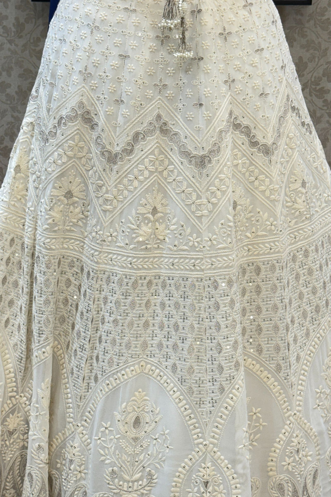 Cream Stone, Pearls, Zari, Sequins, Mirror, Beads and Embroidery work Crop Top Lehenga