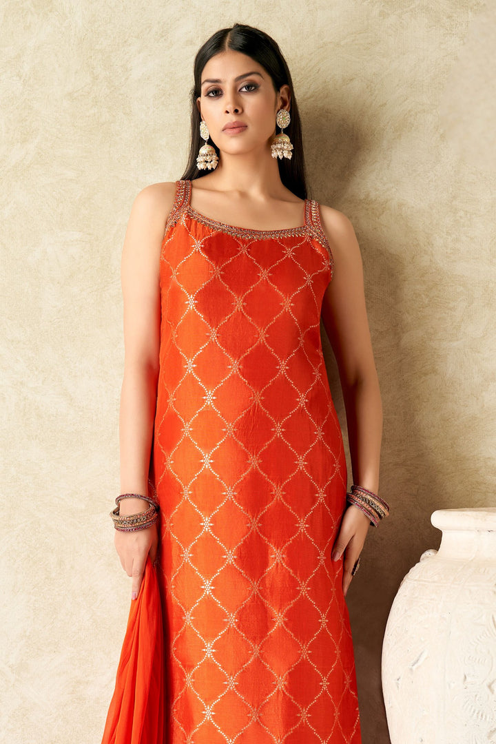 Orange Mirror, Zari, Zardozi and Banaras work Straight Cut Salwar Suit