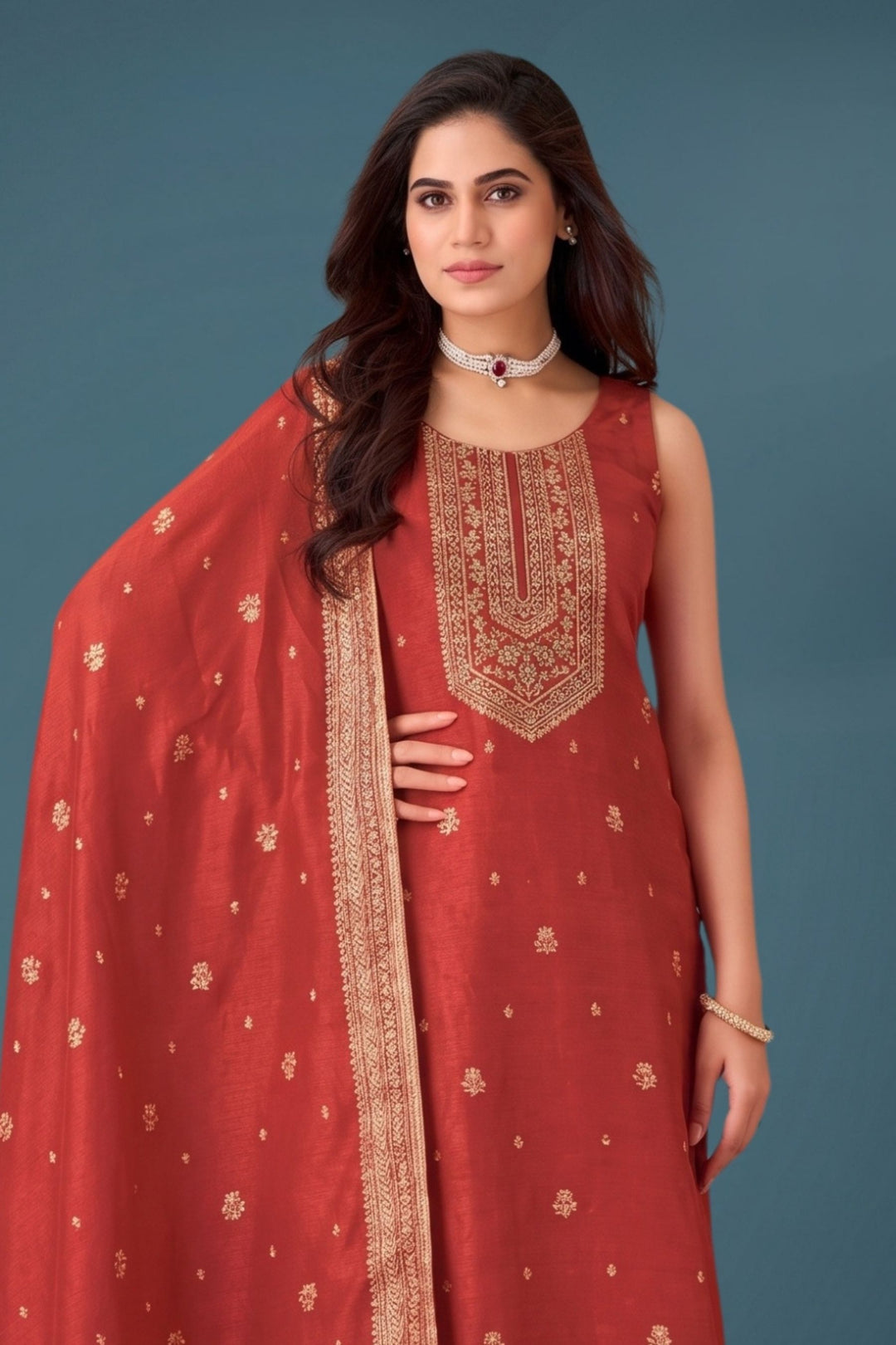 Rust Orange Banaras, Beads, Mirror, Stone and Sequins work Straight Cut Salwar Suit