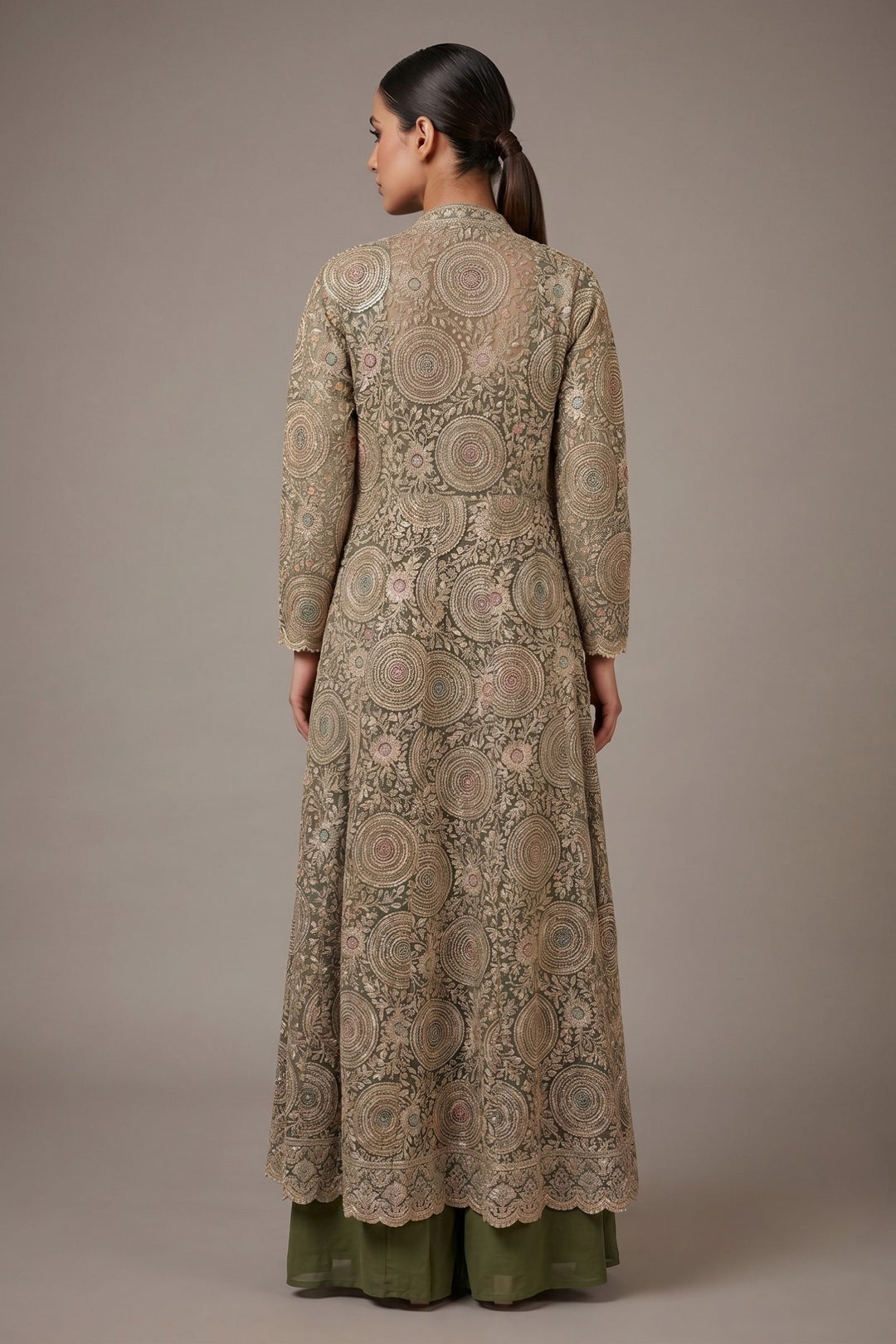 Olive Green Drape Style Lehenga with Sequins, Stone and Zari work Long Overcoat