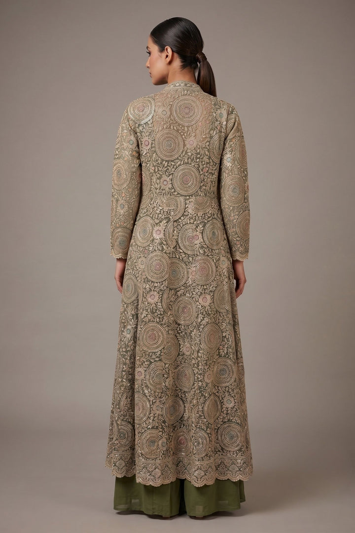 Olive Green Drape Style Lehenga with Sequins, Stone and Zari work Long Overcoat