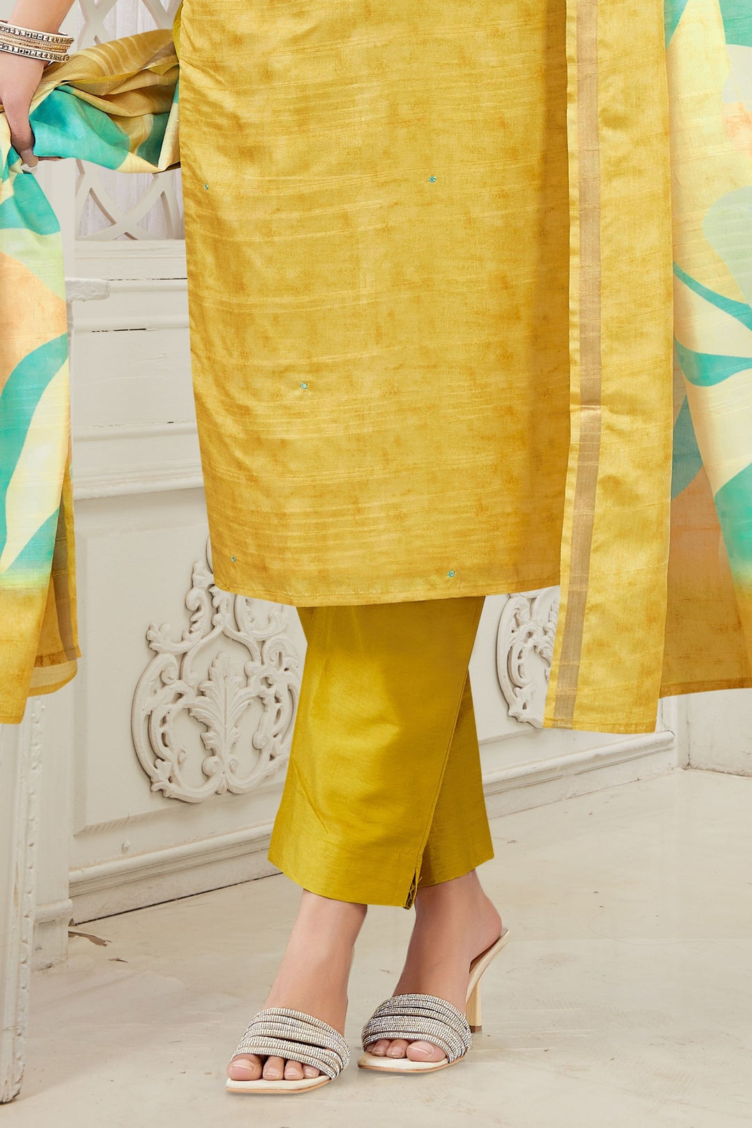 Yellow Zardozi, Sequins, Thread and Mirror work Straight Cut Salwar Suit