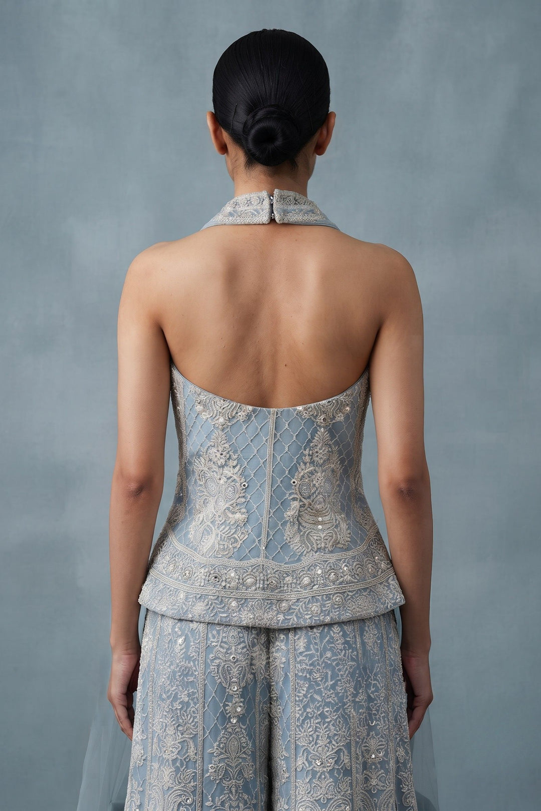 Sky Blue Halter Neck Palazzo Set with Chikankari, Beads, Sequins, Mirror and Stone Detailing