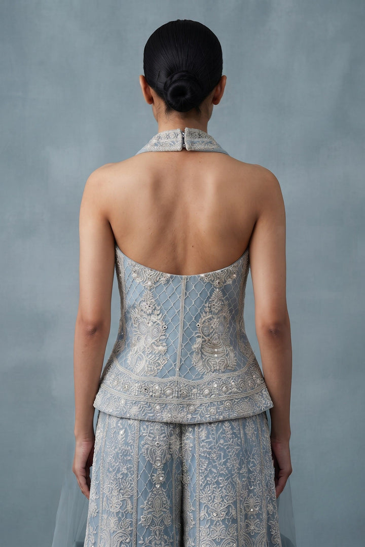 Sky Blue Halter Neck Palazzo Set with Chikankari, Beads, Sequins, Mirror and Stone Detailing