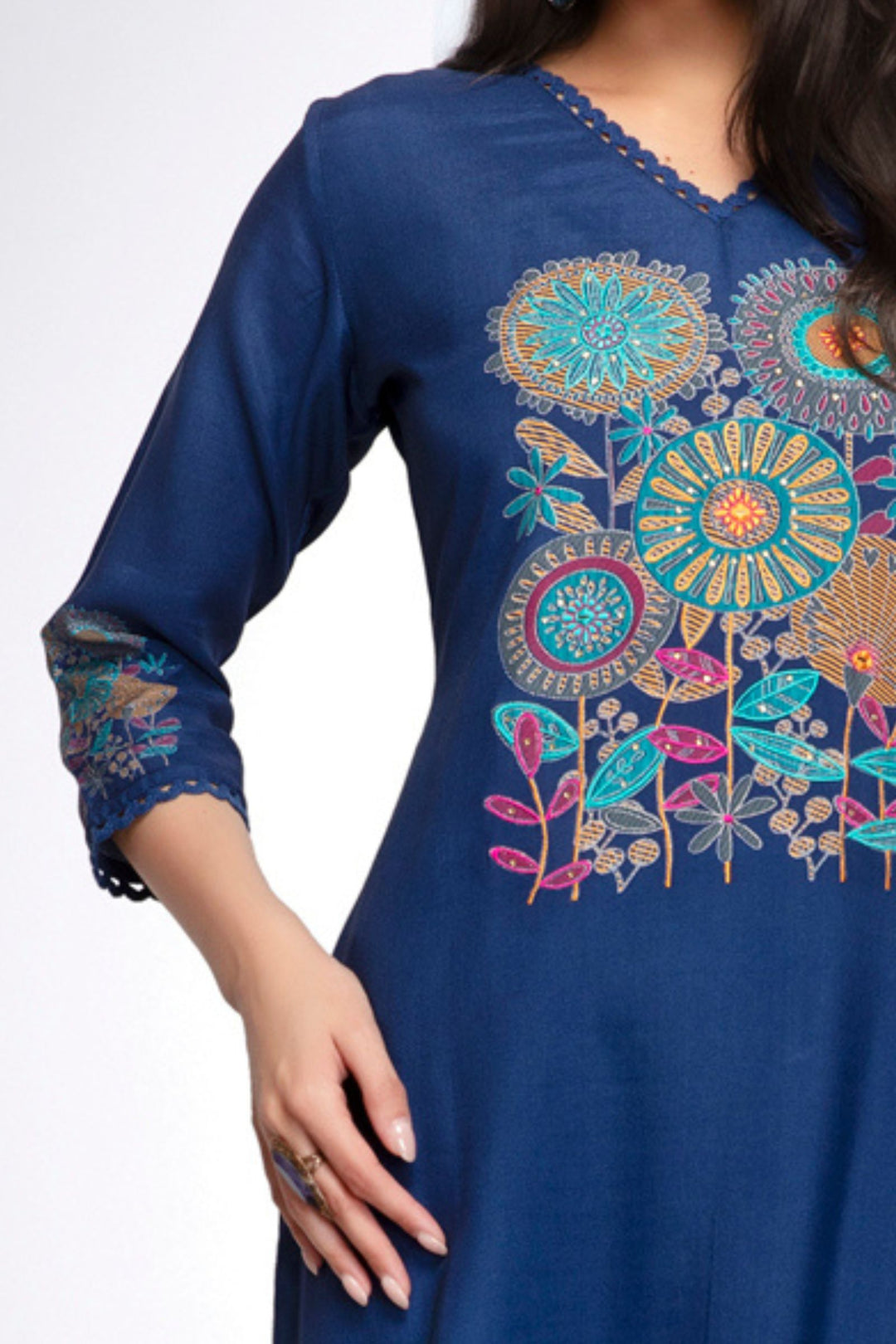Royal Blue Embroidery and Stone work Calf Length Kurti