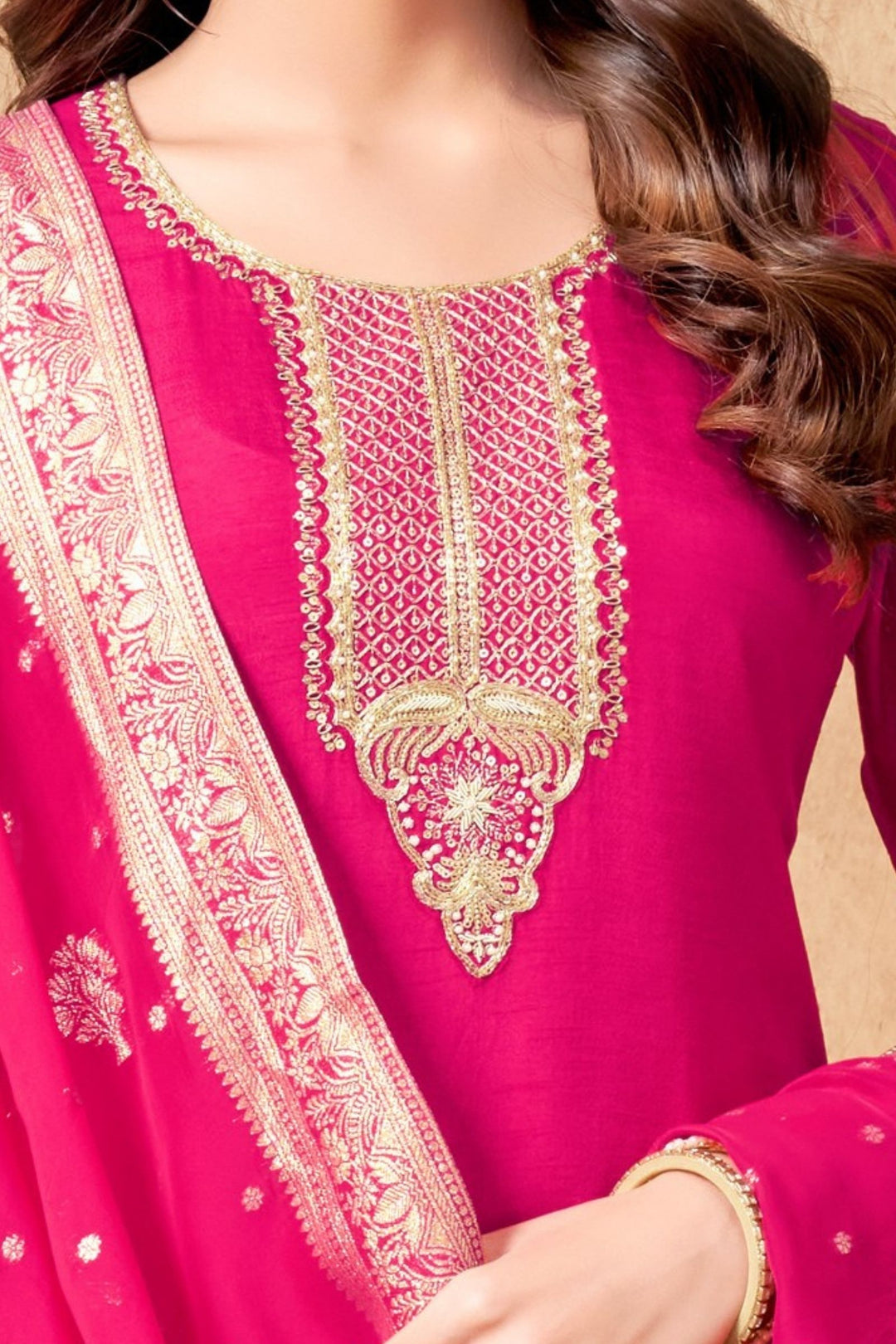 Rani Pink Sequins, Zari, Beads and Zardozi work Straight Cut Salwar Suit