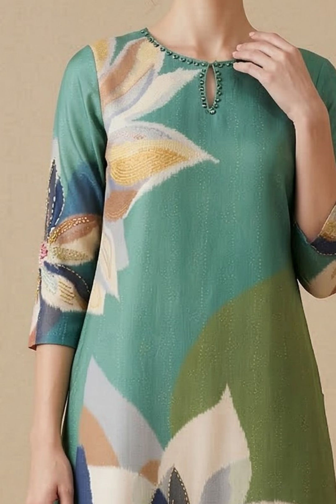 Sea Green Beads work with Multicolor Digital Print Calf Length Kurti