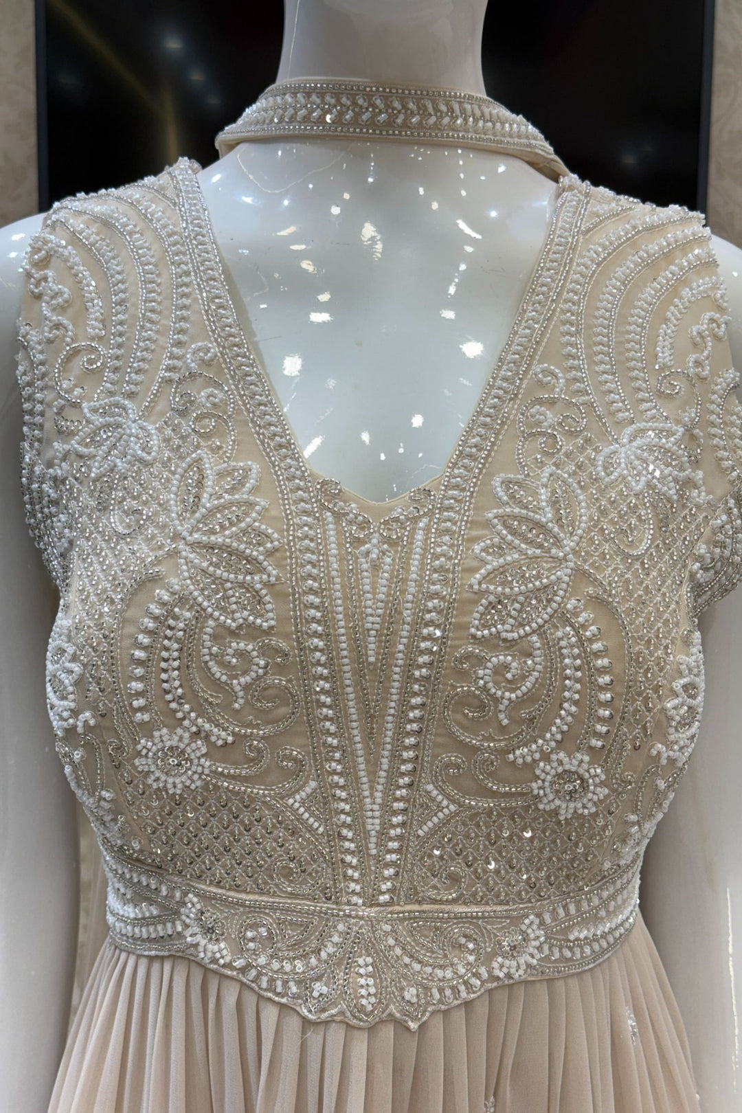 Beige Beads, Sequins and Thread work Peplum Top with Sharara Suit Set