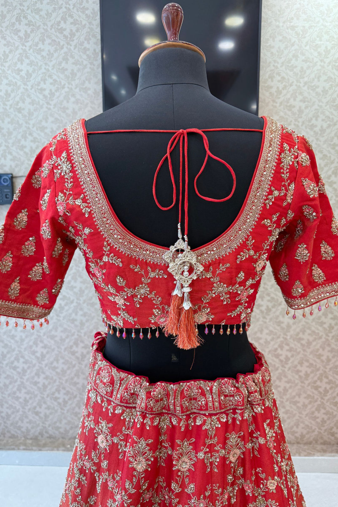 Tomato Red Beads, Zardozi, Sequins and Zari work Crop Top Designer Bridal Lehenga