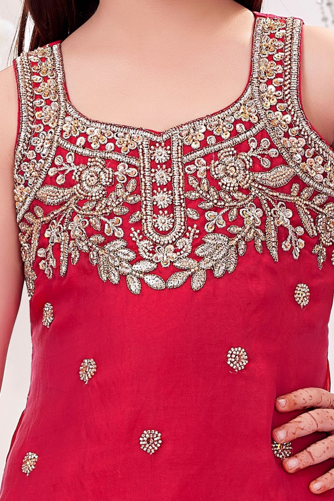 Rani Pink Beads and Zari work Palazzo Suit Set for Girls