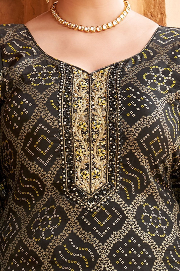 Black Stone, Beads, Zardozi and Sequins work with Bandini Print Palazzo Salwar Suit