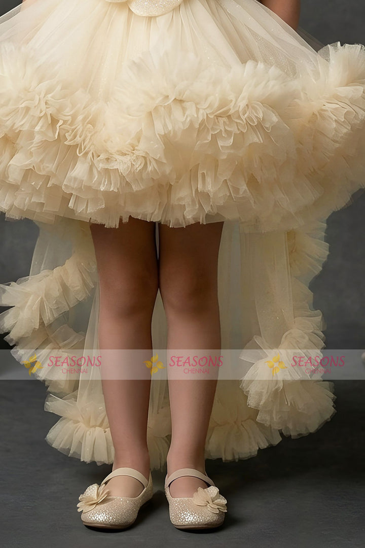 Light Yellow Glitter work Tail Cut Double Layered Partywear Frock for Girls