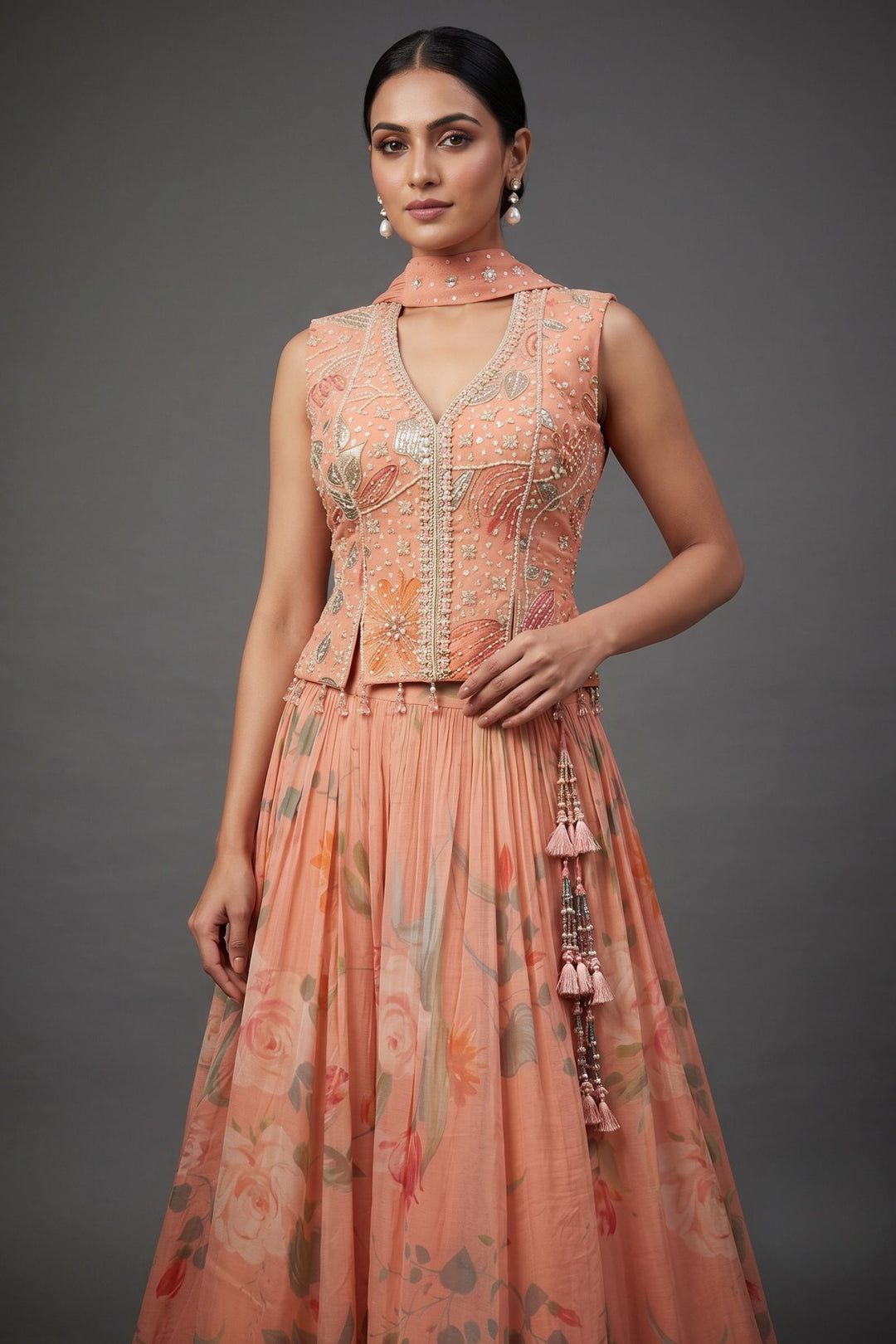 Peach Beads, Mirror and Zardozi work with Digital Print Peplum Style Lehenga