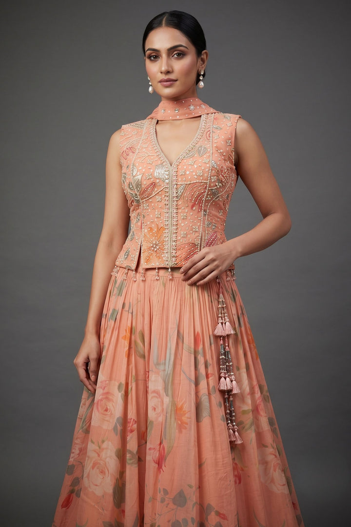 Peach Beads, Mirror and Zardozi work with Digital Print Peplum Style Lehenga