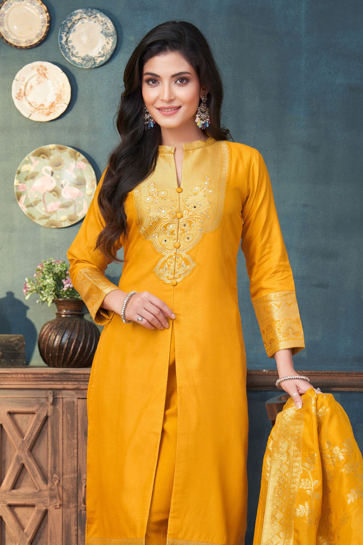 Yellow Straight Cut Salwar Suit with Stone, Mirror and Banaras work