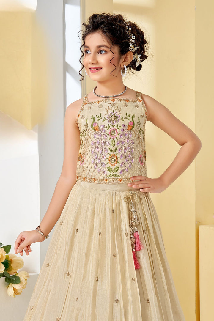 Cream Zari, Beads, Sequins and Embroidery work Lehenga Choli for Girls