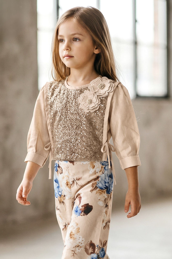 Girls Sequins Embellished Knot-Tie Jacket with Floral Palazzo Pant Set