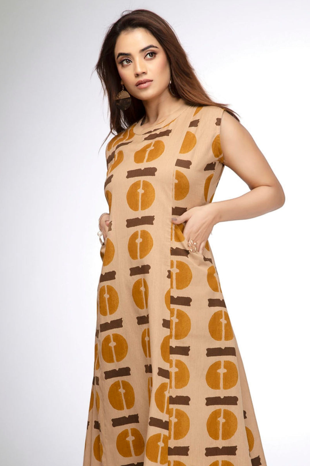 Beige Abstract Print Straight Kurta Set