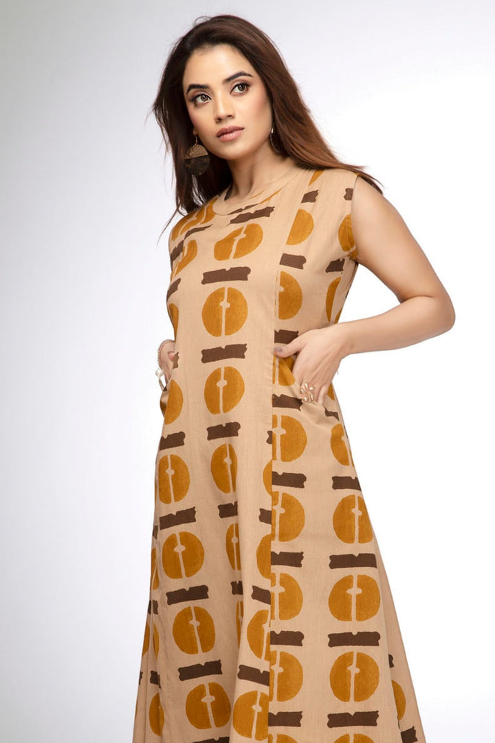 Beige Abstract Print Straight Kurta Set