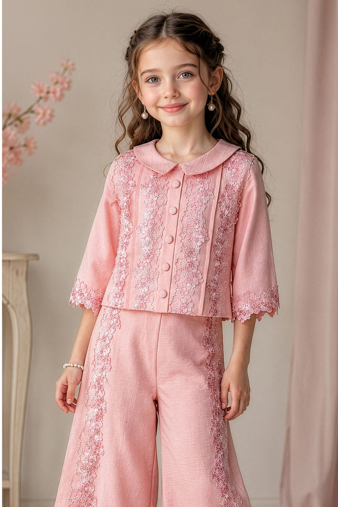 Peach Lace Embroidery work Top and Palazzo Set for Girls