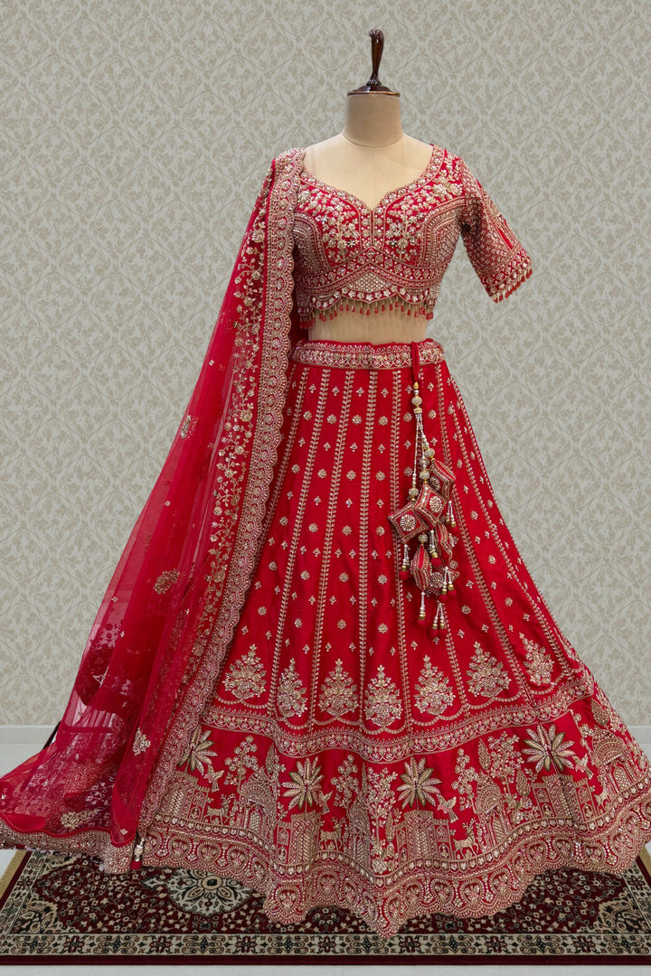 Red Beads, Zari, Zardozi, Thread and Sequins work Crop Top Designer Bridal Lehenga
