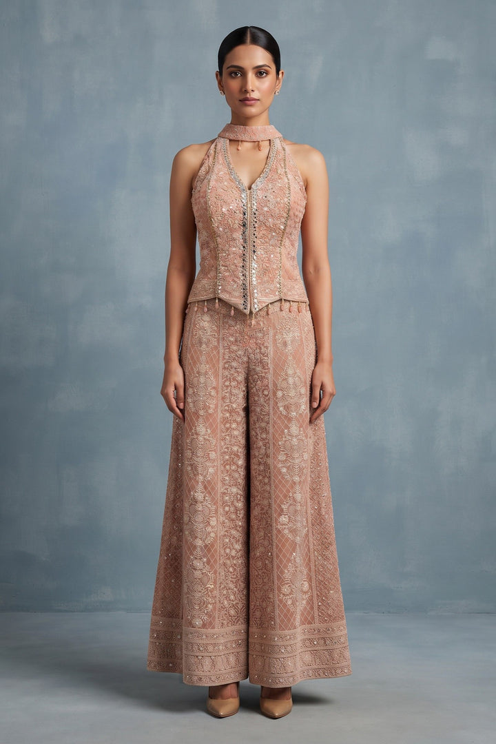 Peach Halter Neck Palazzo Set with Chikankari, Beads, Sequins, Mirror and Stone Detailing