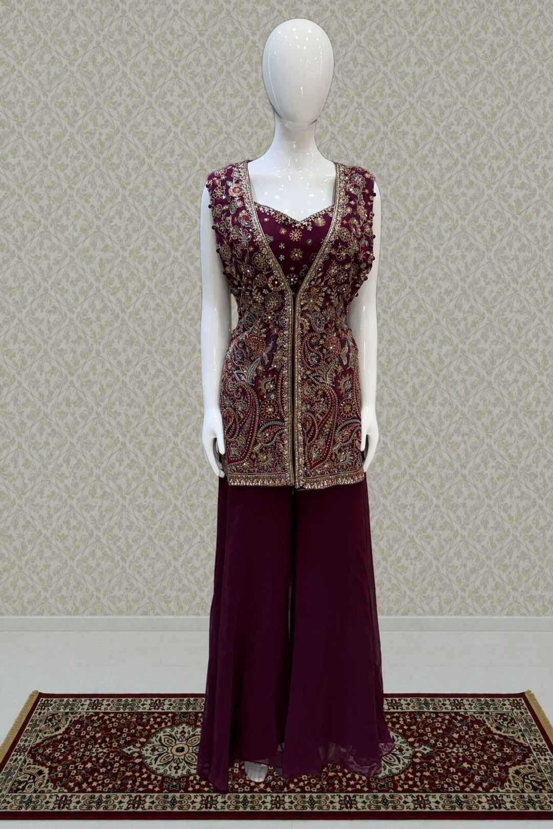 Wine Multicolor Thread and Sequins work Overcoat Styled Palazzo Suit Set