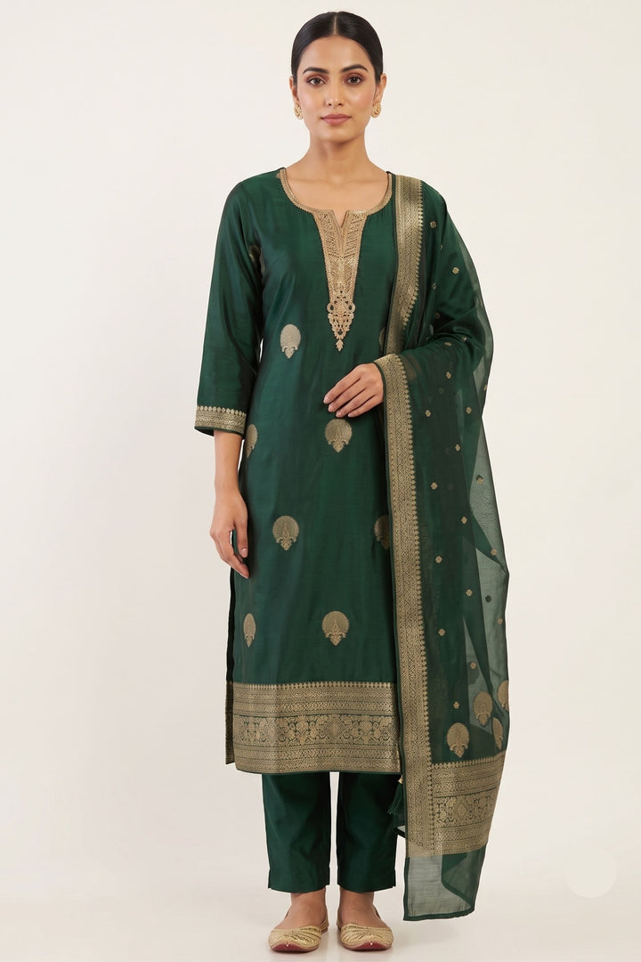 Bottle Green Banaras, Zardozi, Sequins, Beads and Zari work Straight Cut Salwar Suit