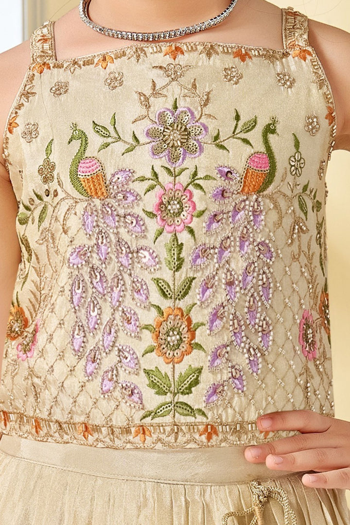 Cream Zari, Beads, Sequins and Embroidery work Lehenga Choli for Girls